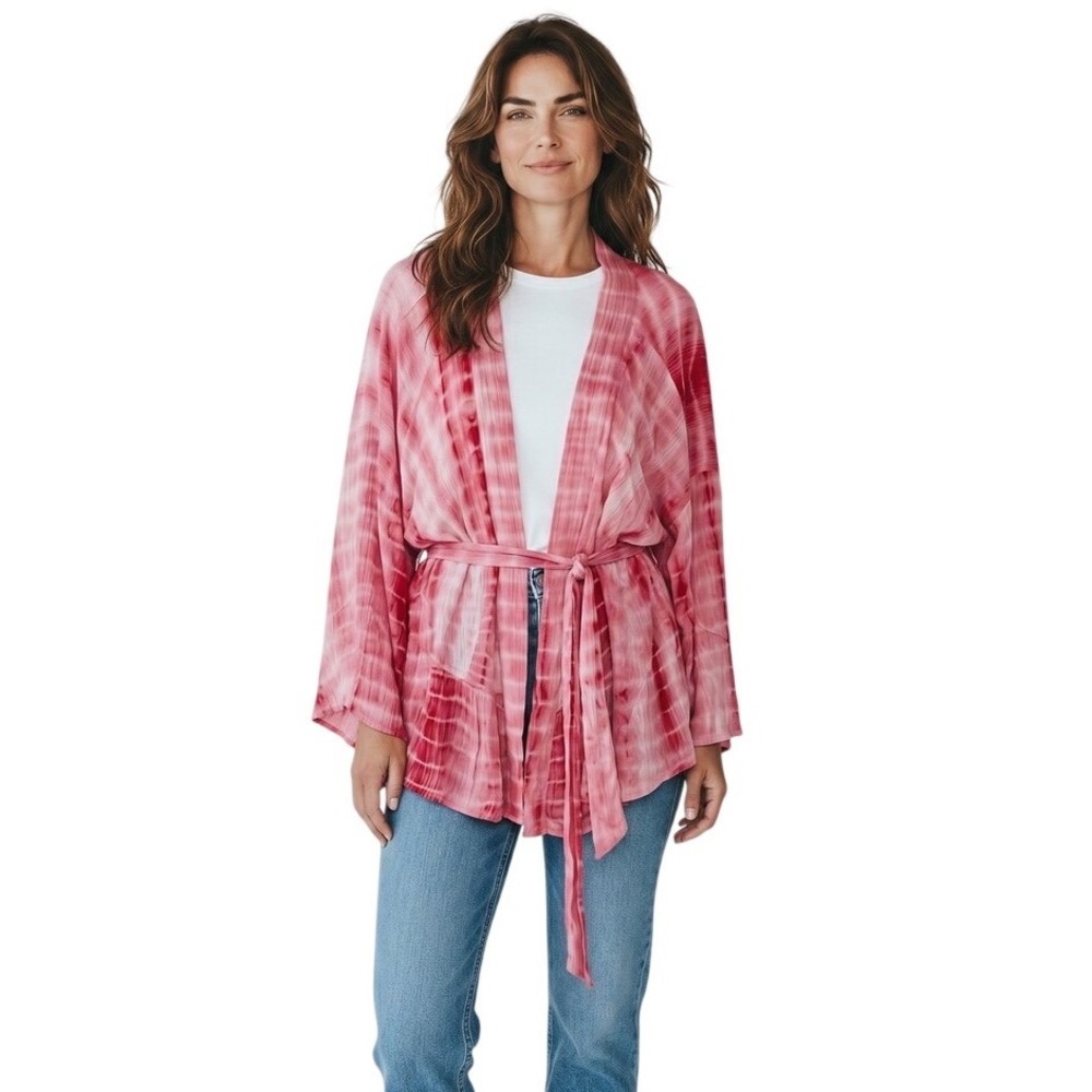 Umgee Pink Tie Dye Kimono Cardigan XL/1XL Ruffle Peplum Tie Waist Boho Beachwear